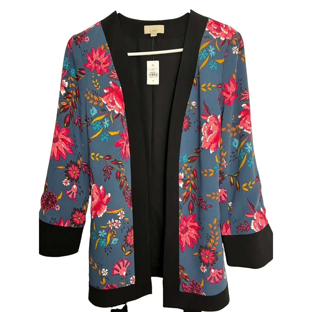 Loft Floral Kimono Wrap Jacket Womens Small Blue Pink Open Front Belted New